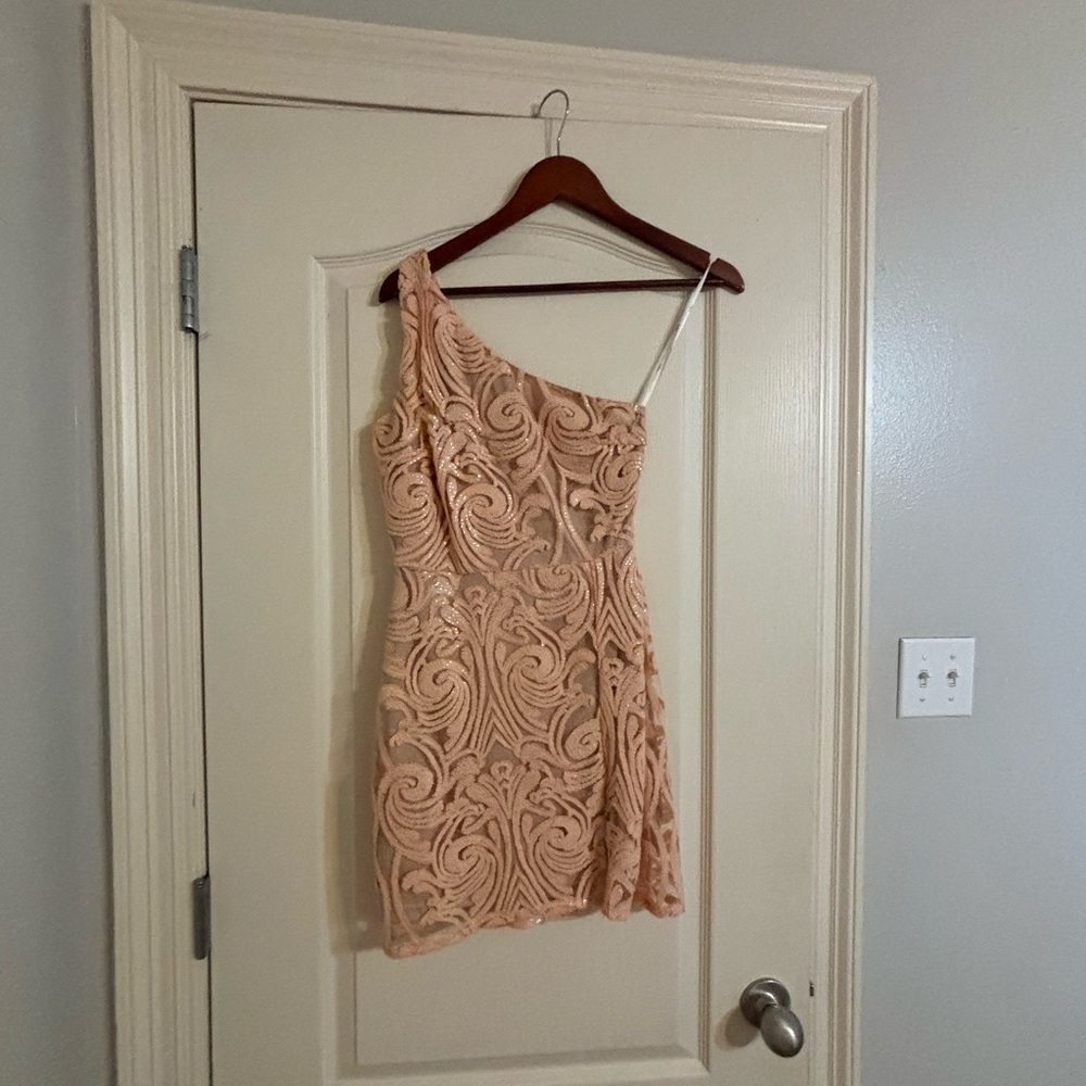 Elegant One-Shoulder Lace Dress in Peach
